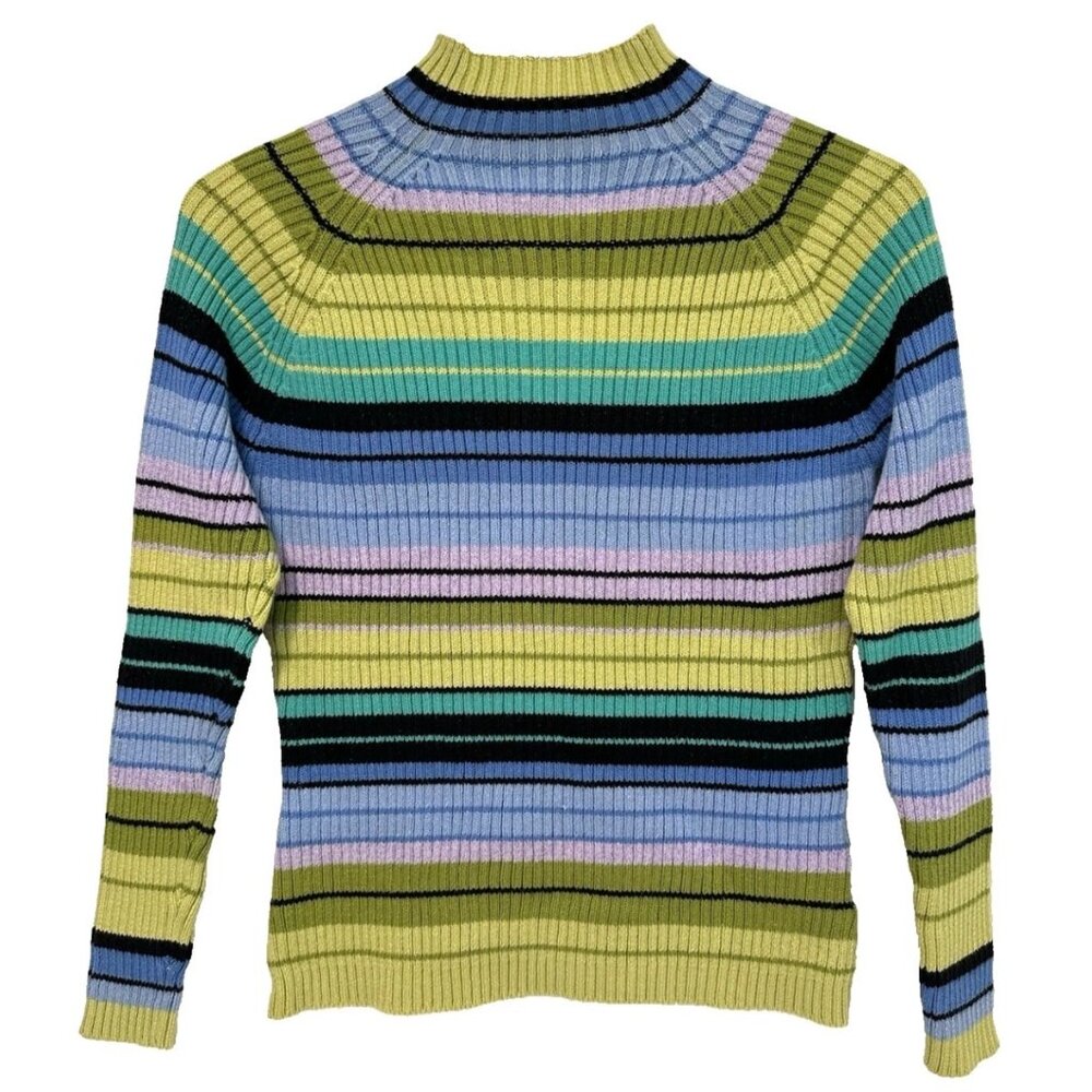 S/M Vtg 90s Y2K Green Blue Purple Sparkly Thread Stripe Ribbed Club Rave Sweater